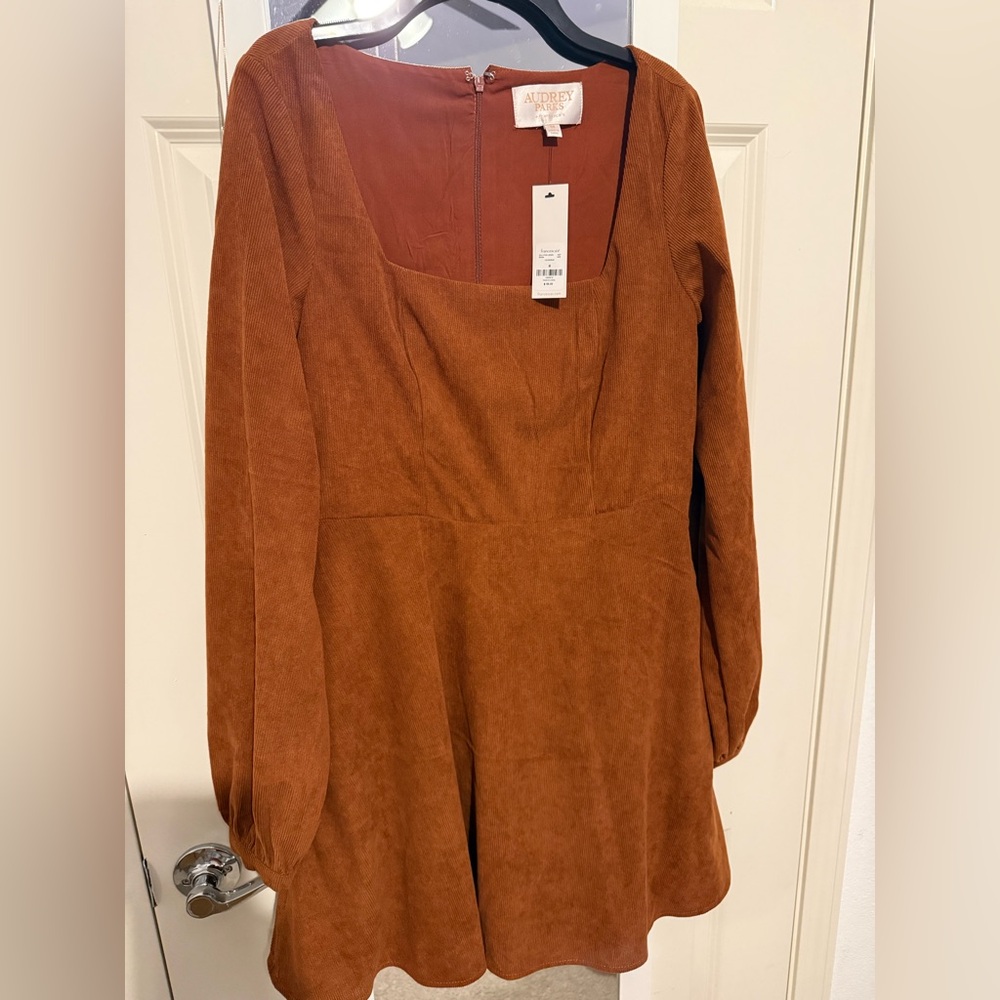 Elegant Terracotta Corduroy Long-Sleeve Dress